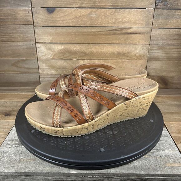 Skechers Beverlee-Tiger Posse Womens Size 9 Brown Strappy Cork Wedge Sandals - Picture 3 of 10
